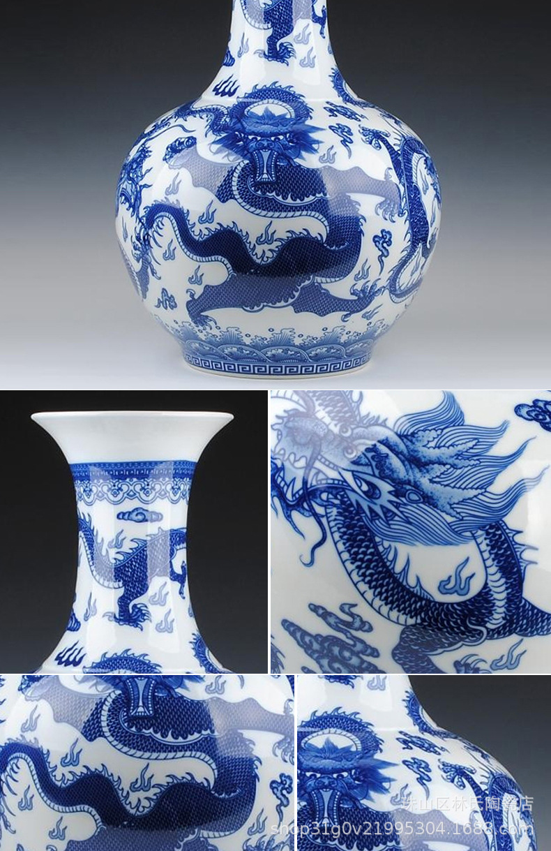 景德镇陶瓷仿古青花龙纹落地大花瓶花插客厅装饰品摆件可定制