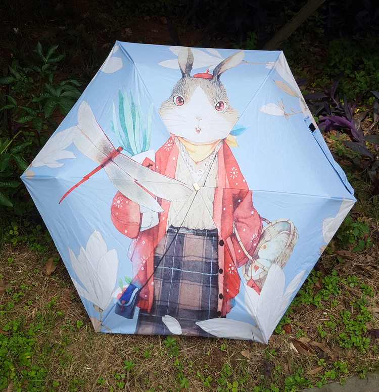 现货 新款兔子扁五折伞黑胶全遮光热转印卡通遮阳伞超轻防风晴雨