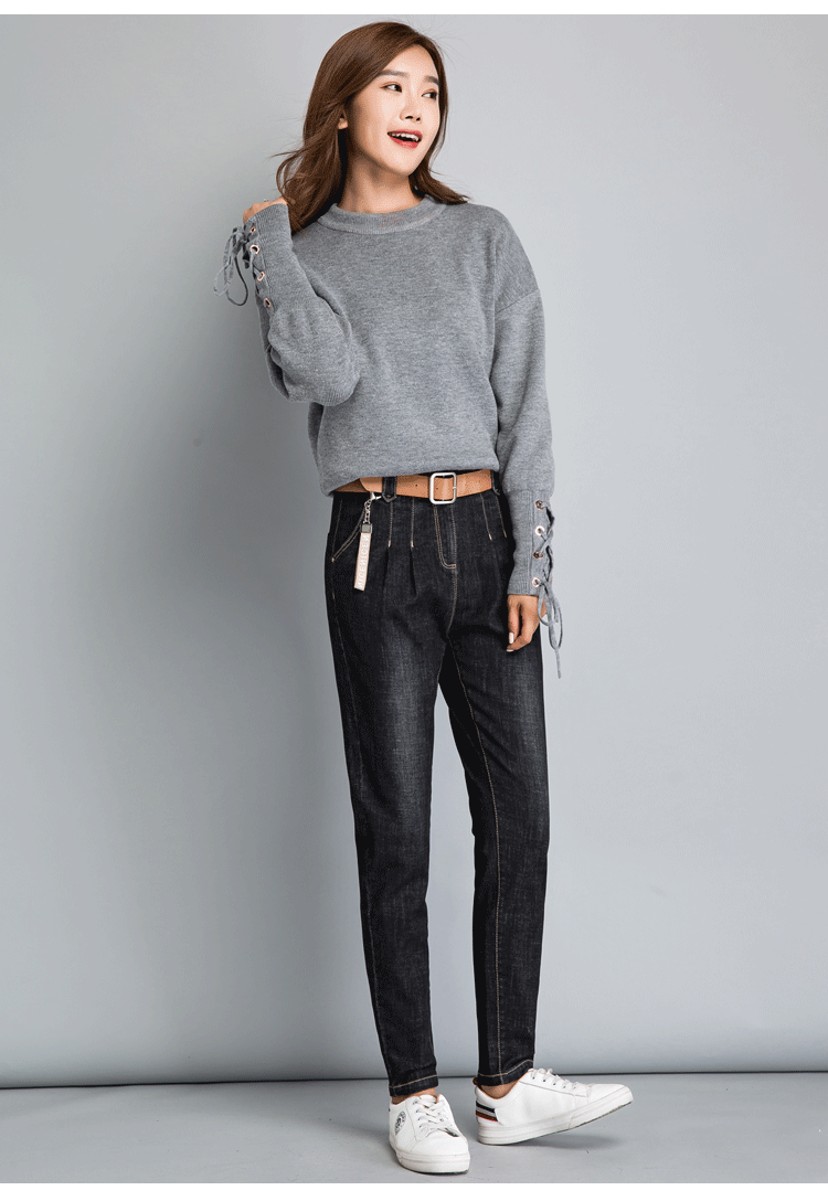 实拍2018秋季新款女装哈伦牛仔裤女韩版显瘦加厚连腰九分弹力高腰
