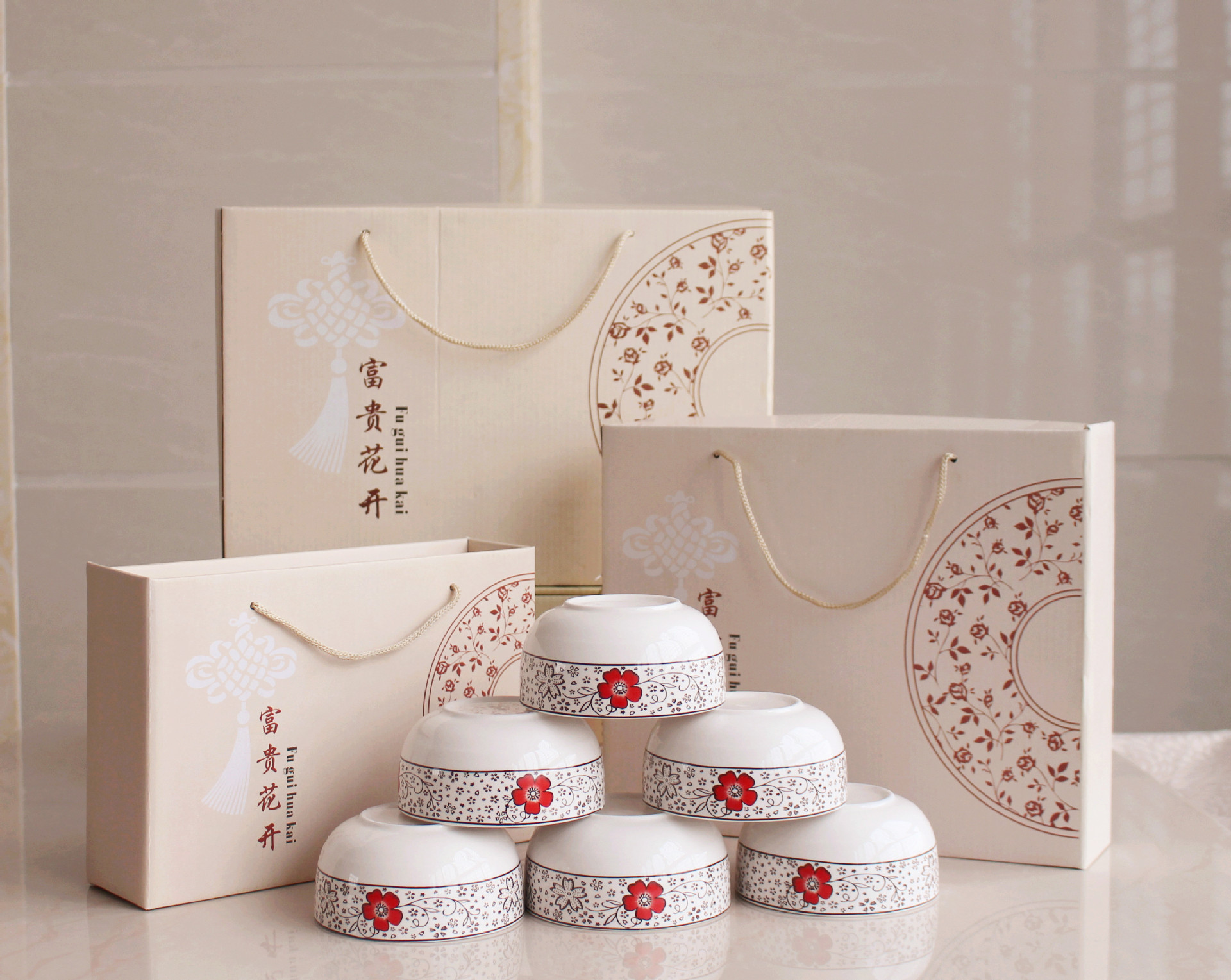 陶瓷餐具青花瓷碗筷套装 荷花韵瓷碗套装 随手小礼品批发定制logo