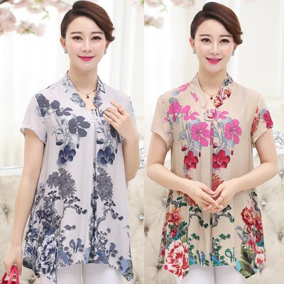 2018夏季中年t恤女装中长款大码棉麻t恤 40-50妈妈休闲印花