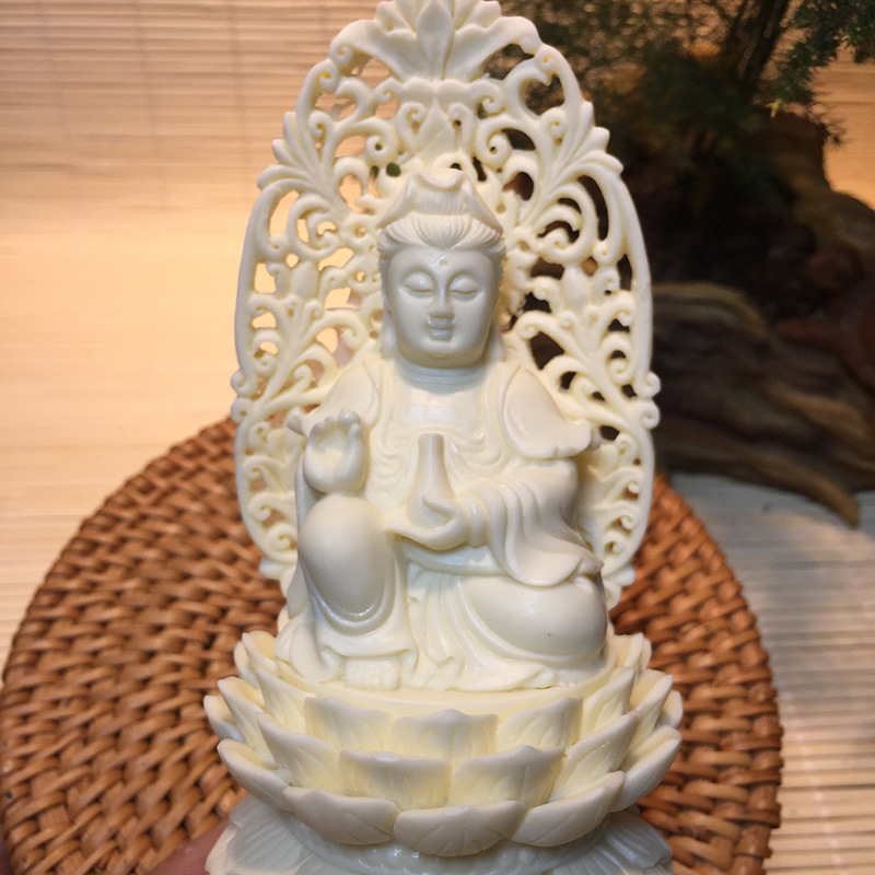 象牙果观音摆件 粉压镂空雕刻坐莲观音 车载内饰品出行礼盒包装