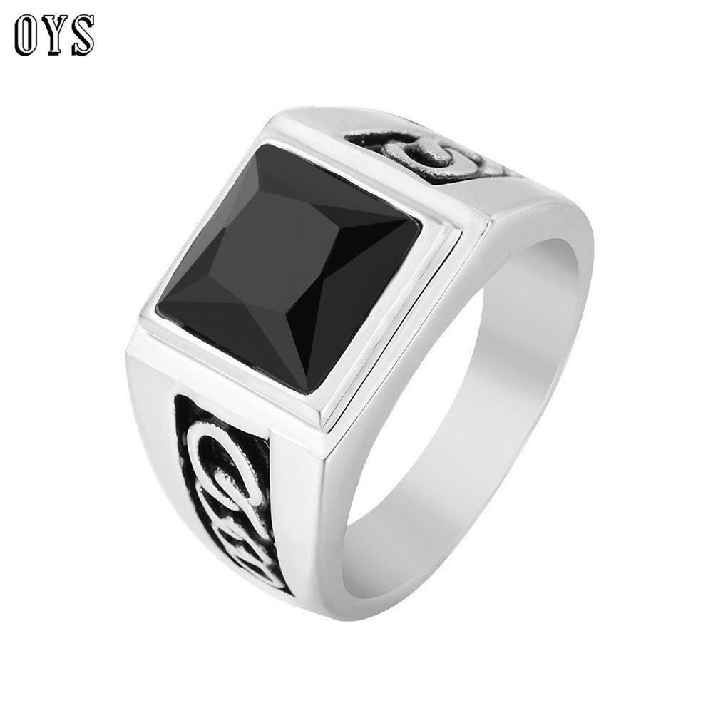 r0234-hk21 外贸时尚简约链条方形黑宝石男士钛钢戒指