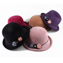 秋冬季帽子女 韩版时尚针织卷沿礼帽纯色盆帽中老年女帽妈妈帽子