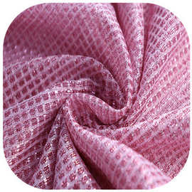 粉红少女心现货条方网布柔软闪亮金丝格子透视网纱出口头纱面料