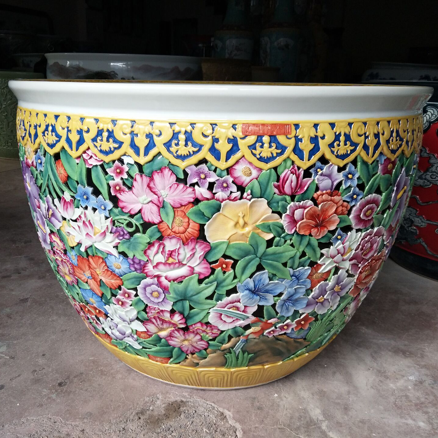 景德镇彩绘陶瓷水缸繁花似锦陶瓷风水缸彩绘工艺品摆件陶瓷大缸