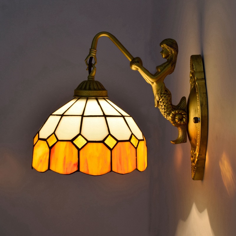 欧式复古蒂凡尼彩色玻璃客厅餐厅卧室酒吧会所过道黄色地中海壁灯