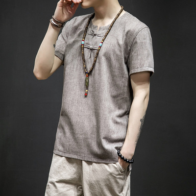 批发2018中国风男装棉麻盘扣休闲短袖t恤衫男复古大码男士亚麻t恤