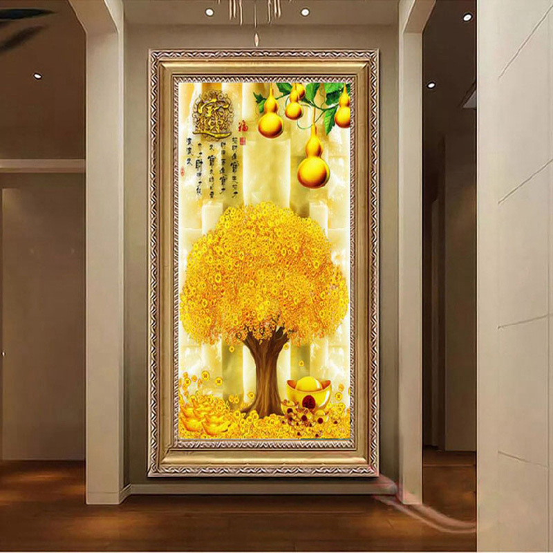 新款招财进宝发财树摇钱树玄关黄金树竖版钻石画满钻厂家直销代发