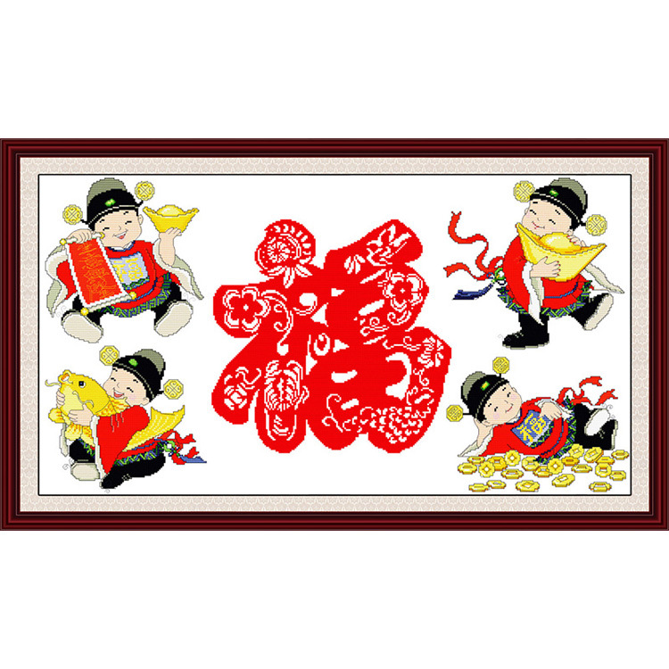 nkf印花十字绣四小财神(福)开业送礼客厅布艺挂画厂家一件代发