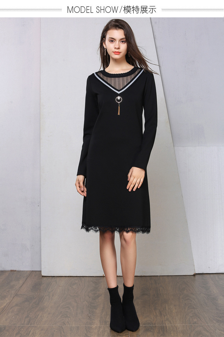 欧美高端大码女装2018胖妹妹修身显瘦镂空蕾丝撞色织带v字连衣裙
