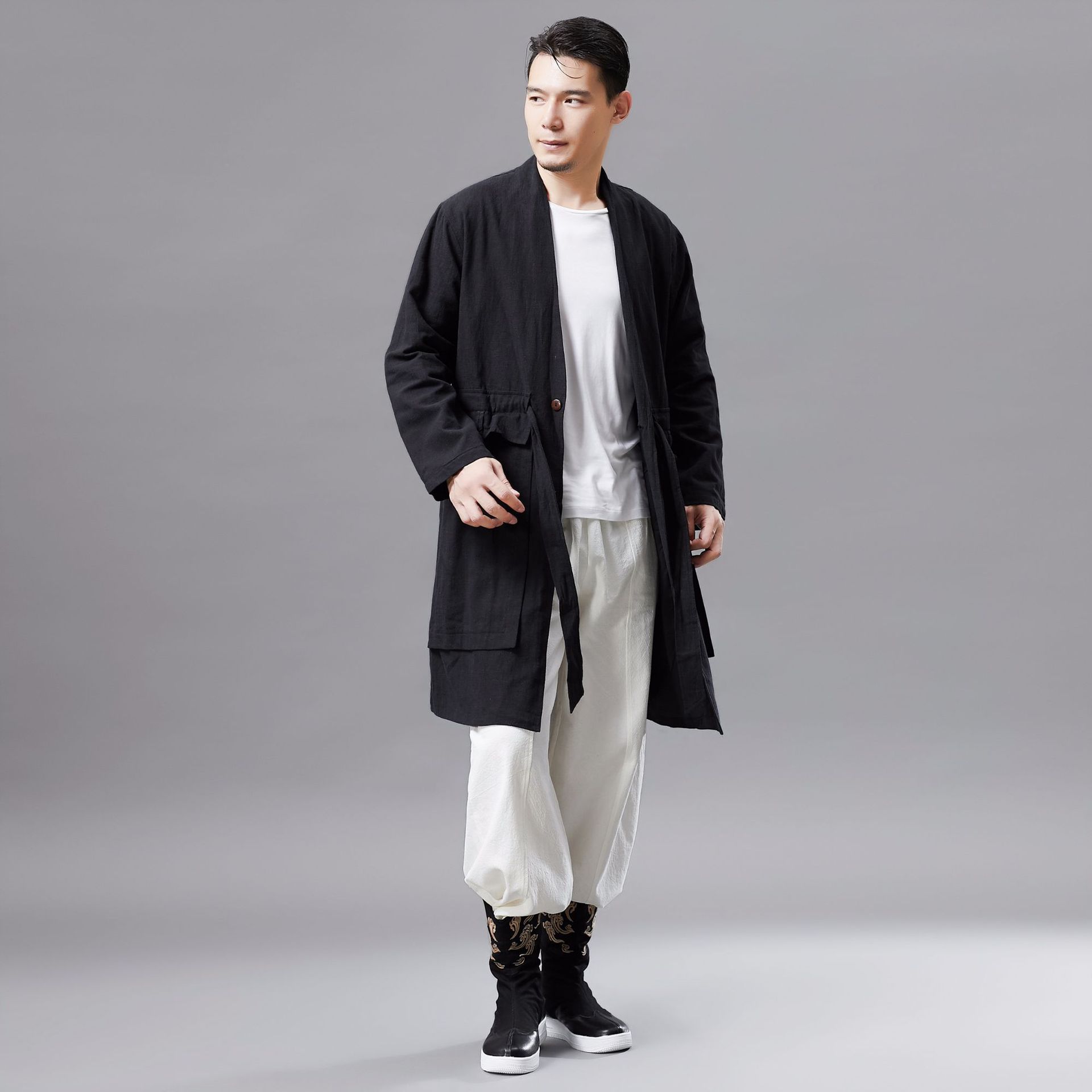 2020秋季新款 男款腰带衣 复古中国风上衣v领盘扣时尚民族服装