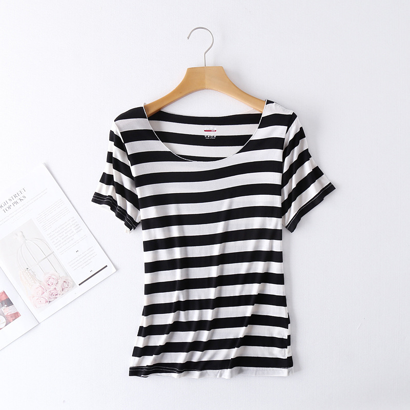 2022 Spring and Summer New Striped T-shirt Female Traceless plus Size Short Sleeve Korean Slim Pullover Bottoming Shirt One Piece Dropshipping