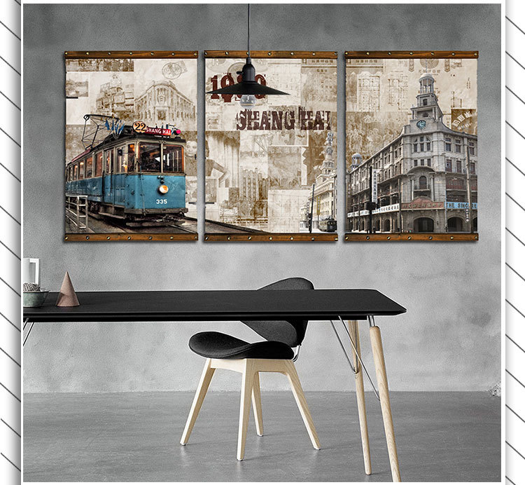 工业风挂画三联餐厅装饰画酒吧咖啡馆墙面壁挂复古沙发背景木板画