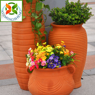 纯正红陶龙窑土陶红泥土粗陶图案花盆户外园林景观陶罐品线条组合