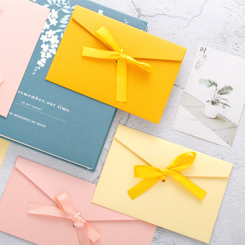复古彩色蝴蝶结丝带珠光纸礼物信封高档邀请函明信片封套烫金logo