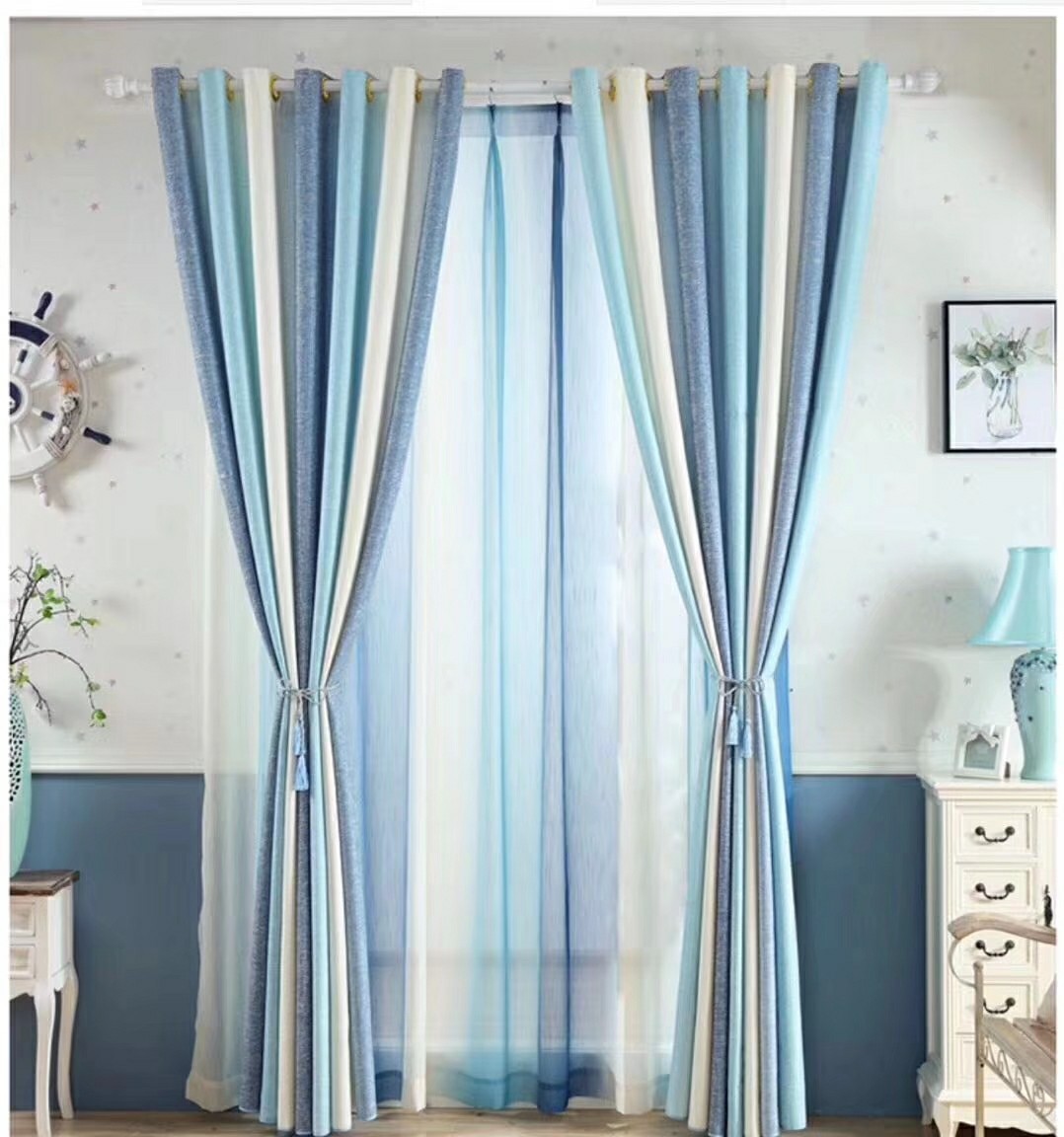 地中海遮光棉麻布印花条纹窗帘卧室客厅定制北欧窗帘布简约现代