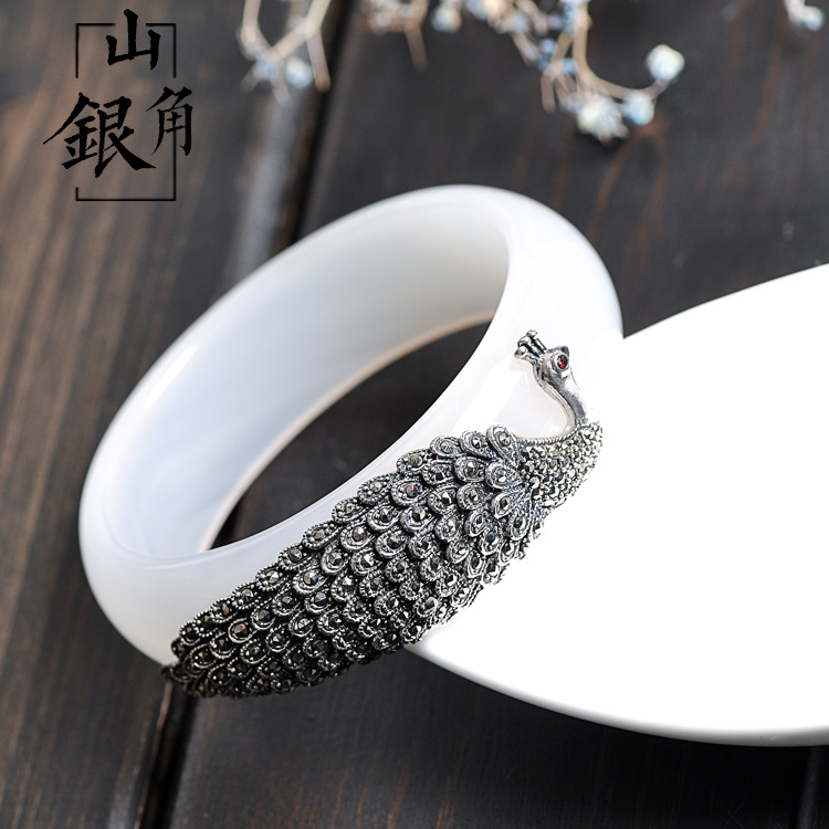 时尚泰银孔雀手镯天然白玉髓镯子s925纯银手饰女原创设计银饰品
