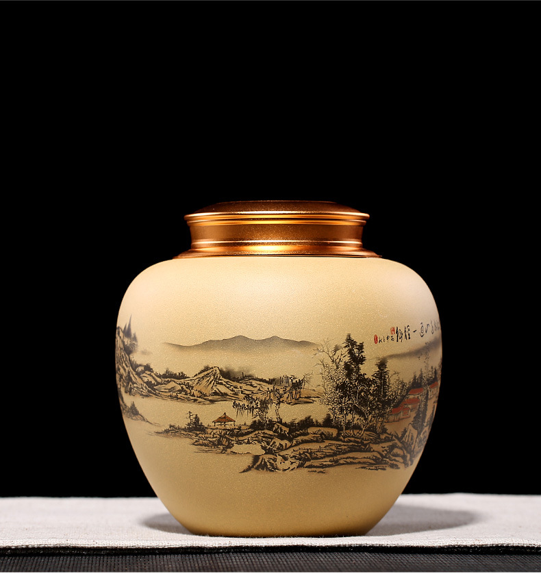 宜兴紫砂茶叶罐原矿段泥江山如画手工水墨画普洱罐子礼品定制刻字