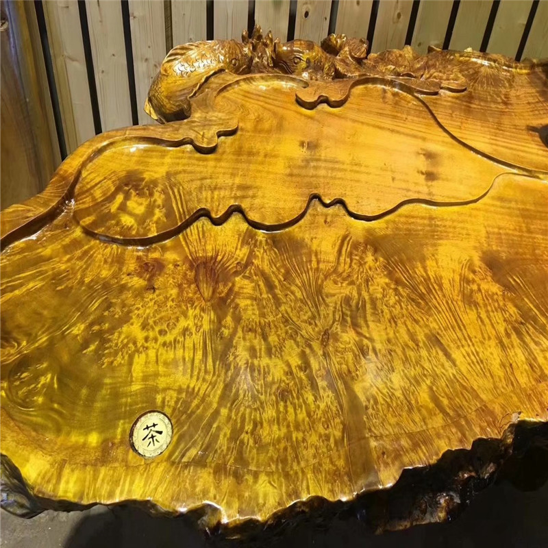黄金樟实木茶盘整块满榴花自然边红木茶海茶台家用客厅会客木茶板
