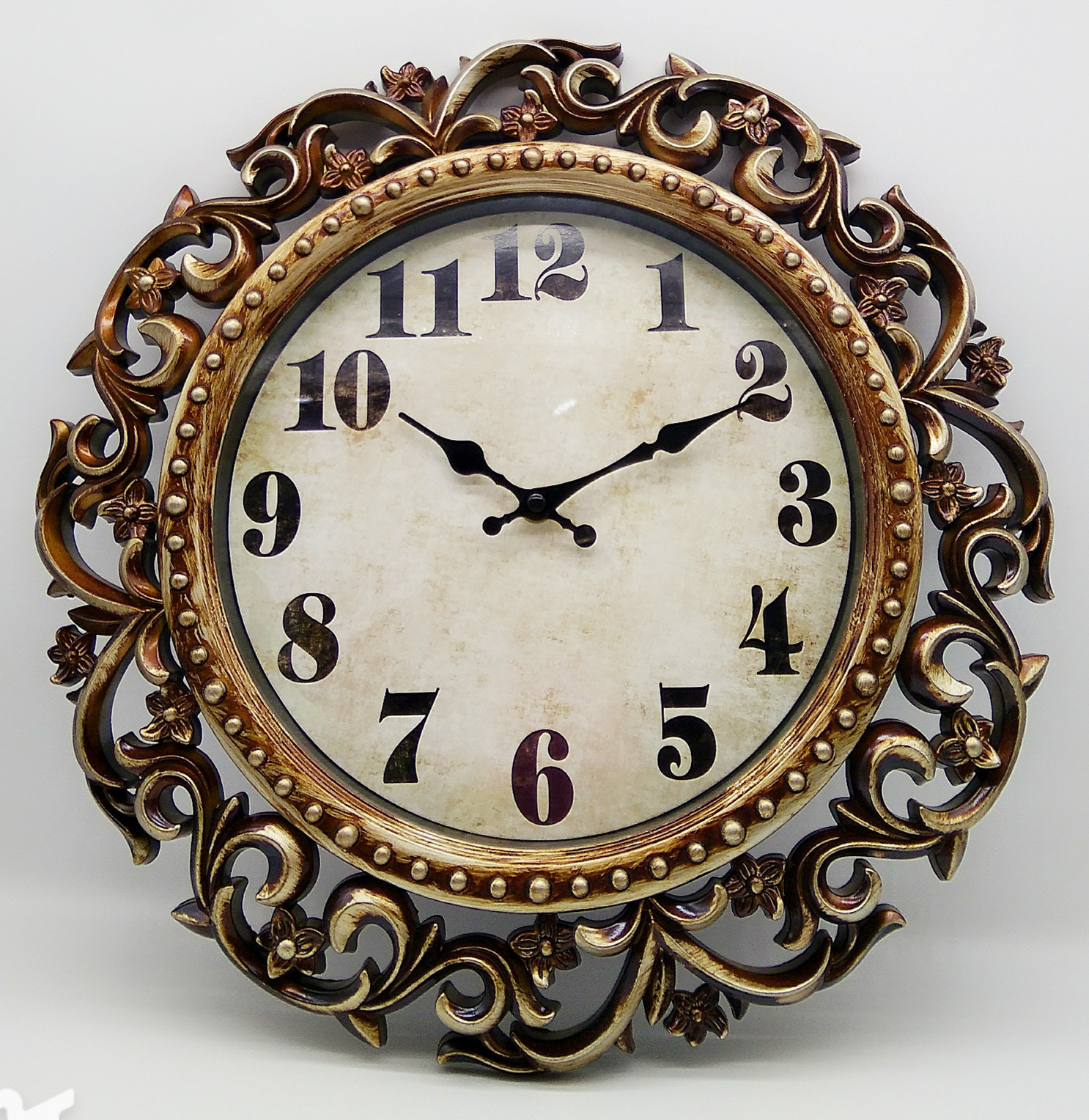 欧式复古时尚精美挂钟15寸客厅钟表创意壁钟花型装饰石钟厂家定制