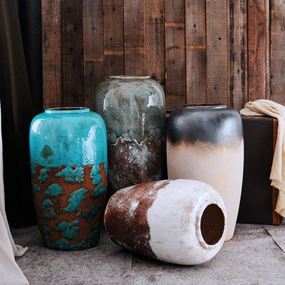 简约现代欧式手工粗陶罐坛子别墅落地大花瓶花器客厅插花装饰摆