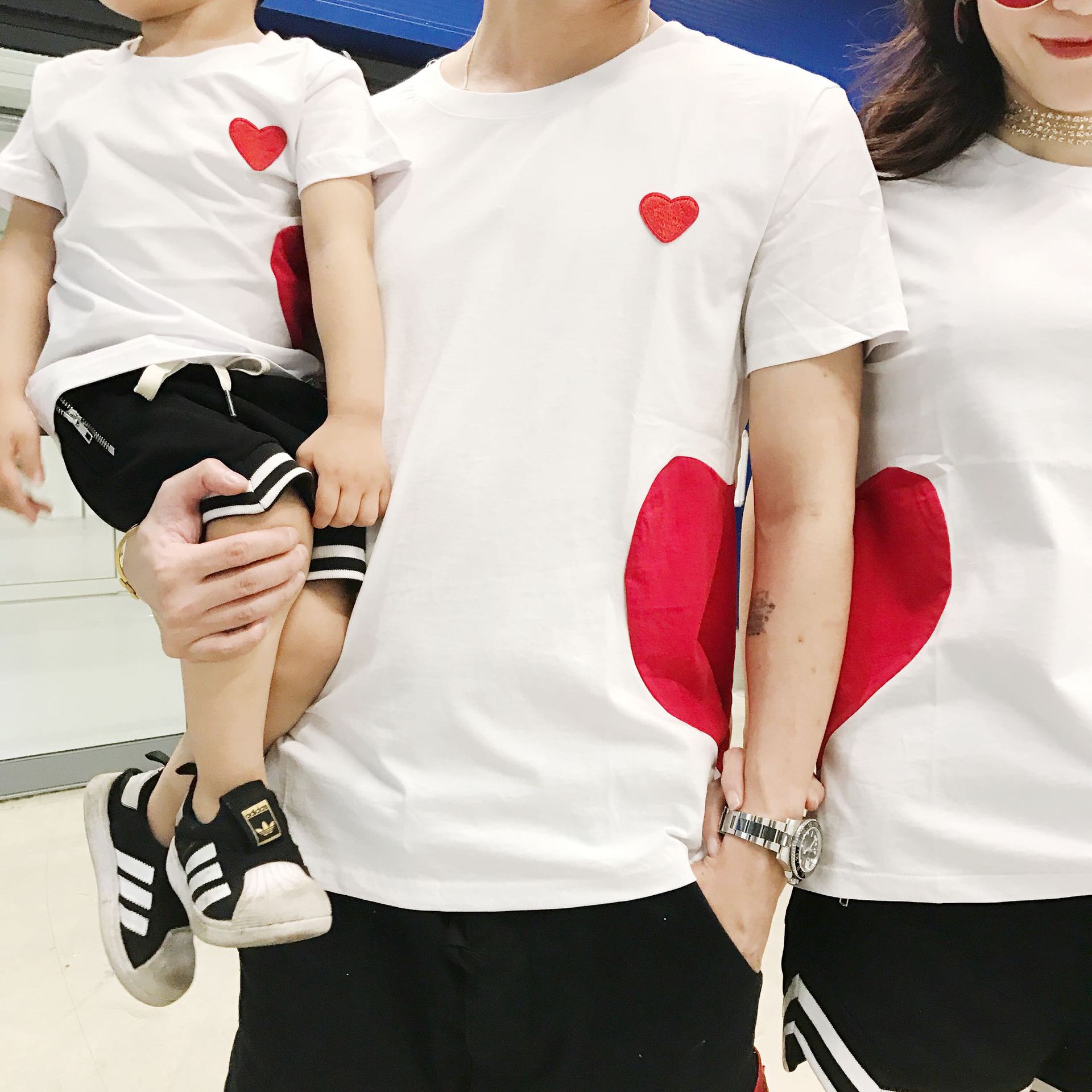 亲子装t恤夏装新款拼接爱心一家三口家庭装全家装四口母子装