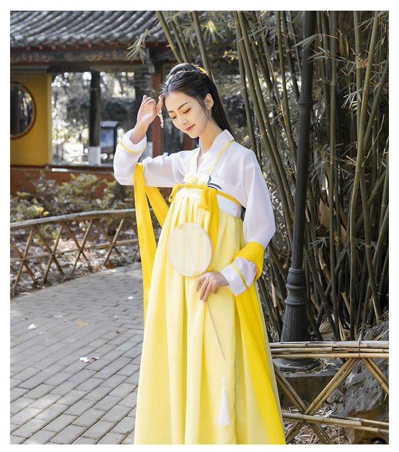 厂家批发古装汉服 女成人传统唐朝服装鹅黄色齐胸襦裙影楼演出服