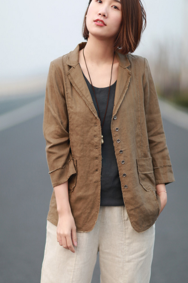 2022新款文艺风小西服外套女宽松休闲棉麻小西装时尚百搭显瘦亚