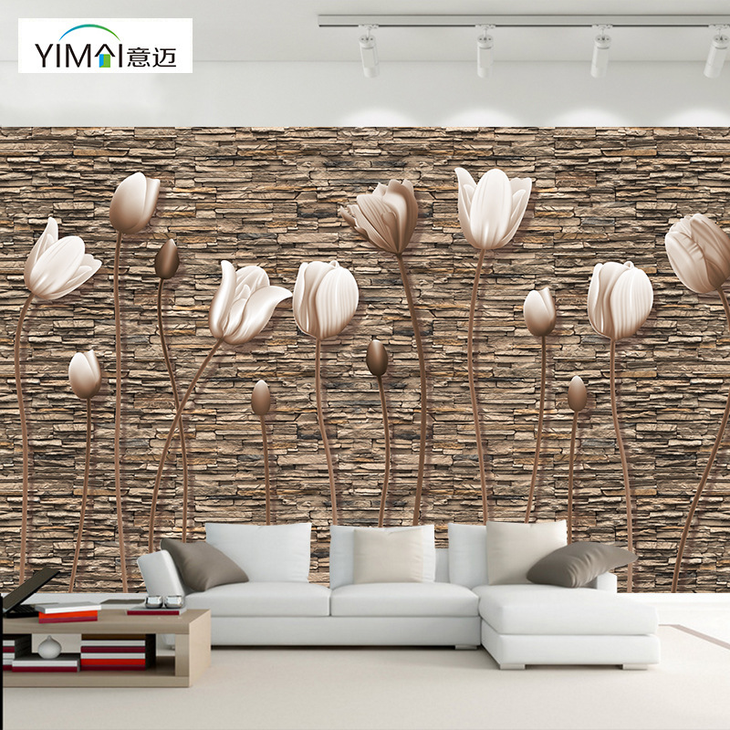 电视背景墙壁布3d墙布定制壁画客厅卧室砖纹郁金香欧式复古墙壁纸