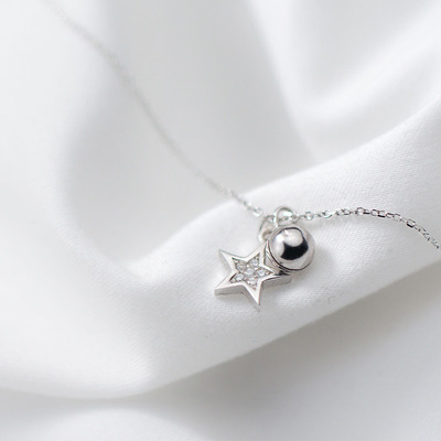 s925银星星项链女韩版小清新镶钻五角星铃铛短款锁骨链d3526