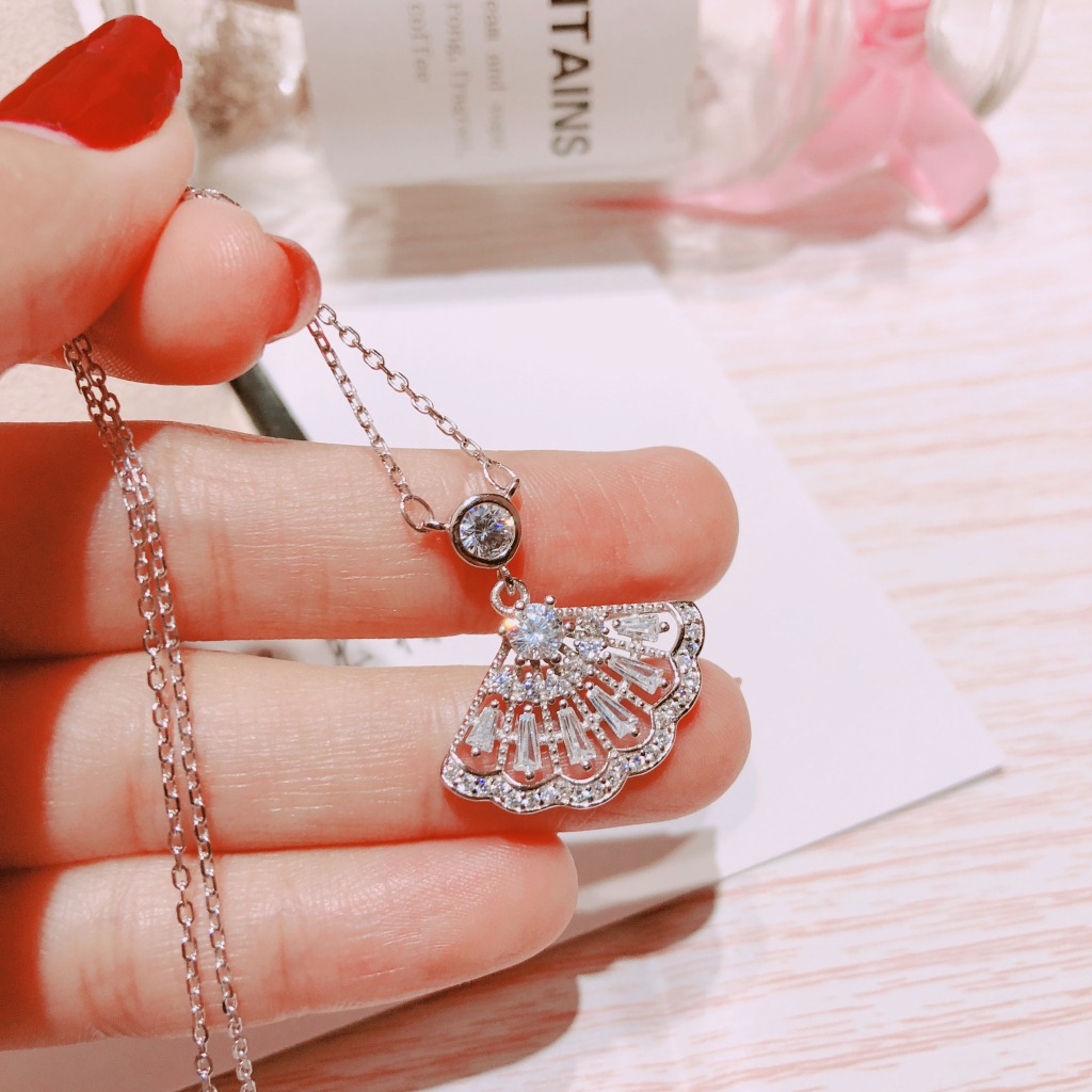 s925纯银扇子项链女锁骨链简约学生个性森系吊坠韩版生日礼物