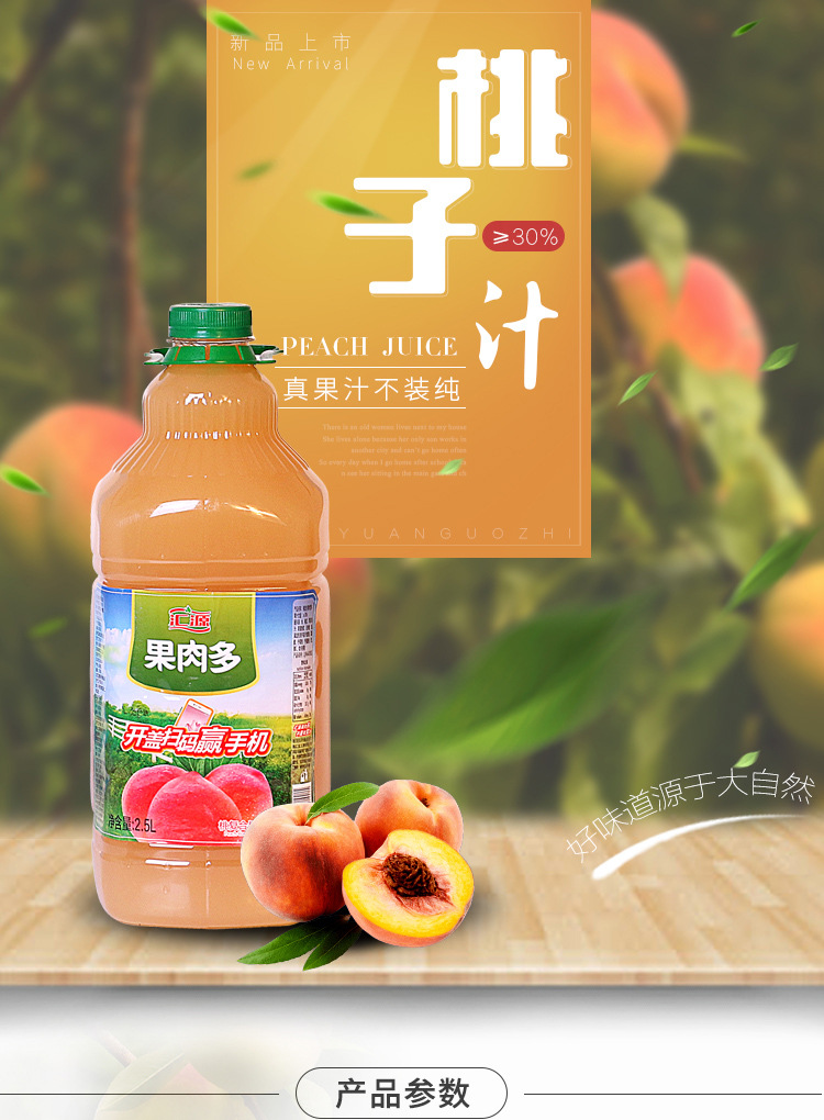 汇源果肉多桃复合果肉饮料桃汁含量30%家庭分享大桶2.5l*6桶整箱