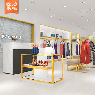 简约大理石纹服装店展示架女装品牌店铺装修设计金色靠墙展示高架