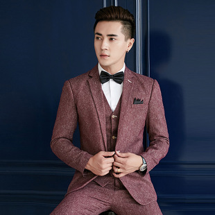 时尚青年英伦风西装修身男士西服套装三件套结婚新郎礼服帅气潮流