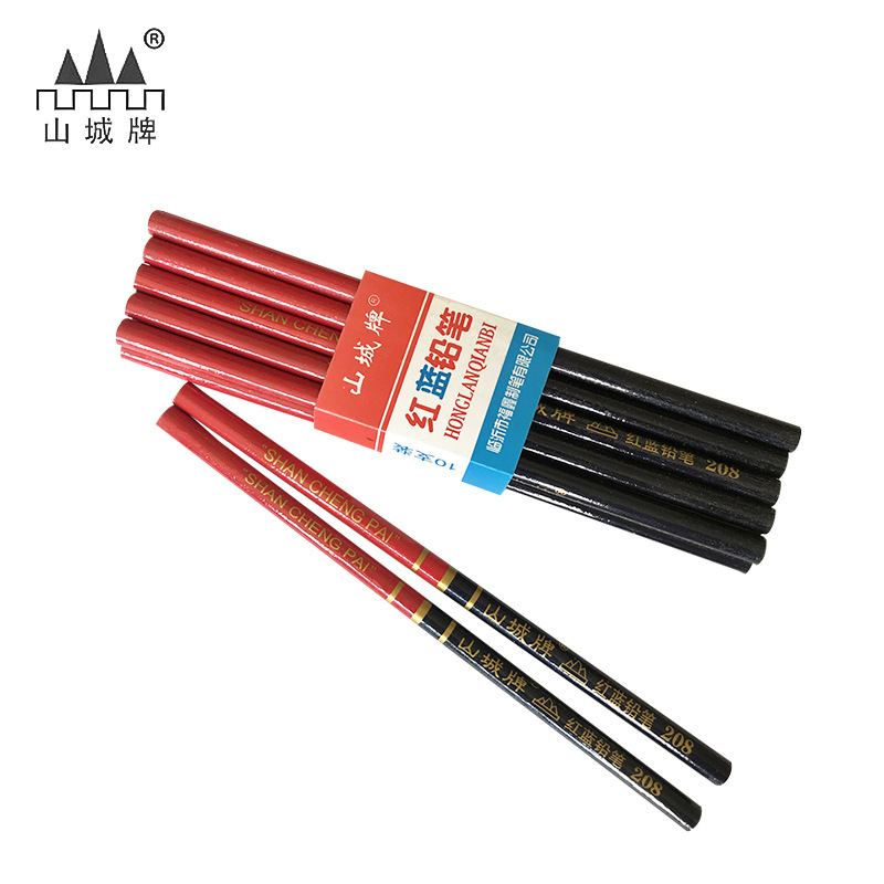 木工铅笔厂家 山城牌圆形红蓝木工铅笔1彩色实用铅笔批发