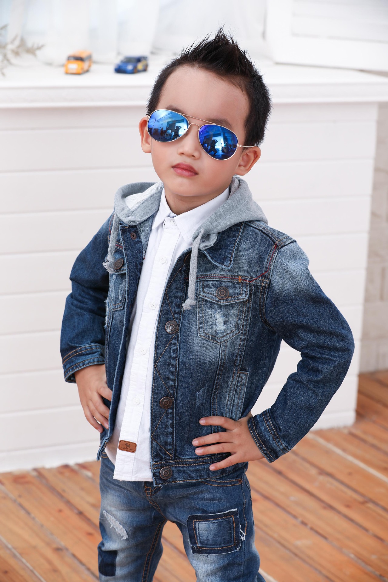 外贸秋款新款无弹童装男儿童连帽牛仔休闲百搭夹克外套