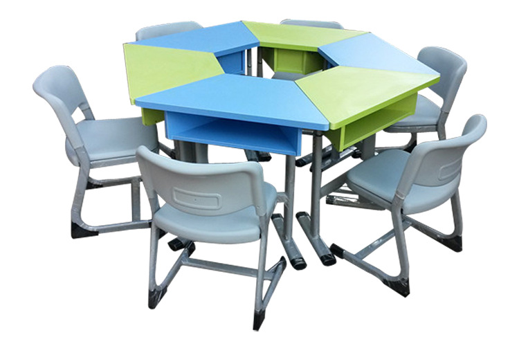 厂家热销创新性学生课桌椅美术阅览会议培训桌 梯形六边桌 组合桌