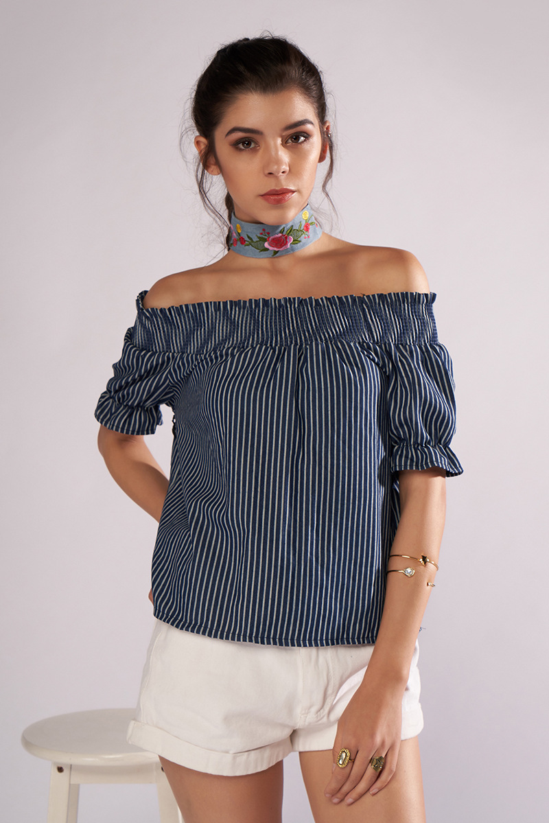 实拍现货 欧美外贸新款 性感一字领短袖条纹露肩包袖t恤