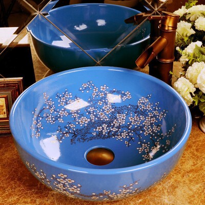 盆手绘釉彩色盆圆工程形台上 上柜仿古盆洗手盆单孔艺术 单盆面