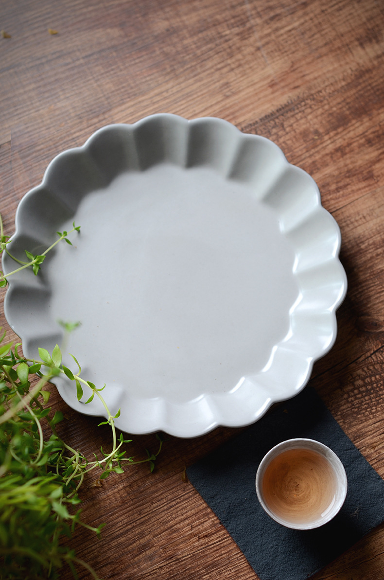 景德镇粗陶复古简约日式陶瓷汤盘家用饭碗汤碗花边盘子纯手工深盘