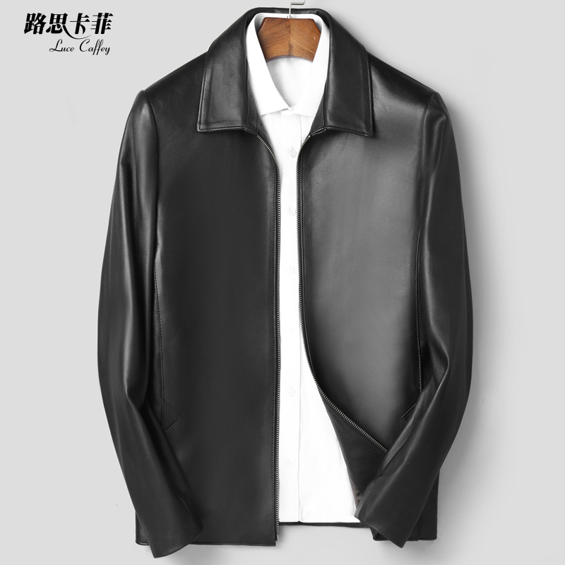 路思卡菲真皮夹克男海宁春秋新款绵羊皮短款翻领真皮皮衣男外套薄