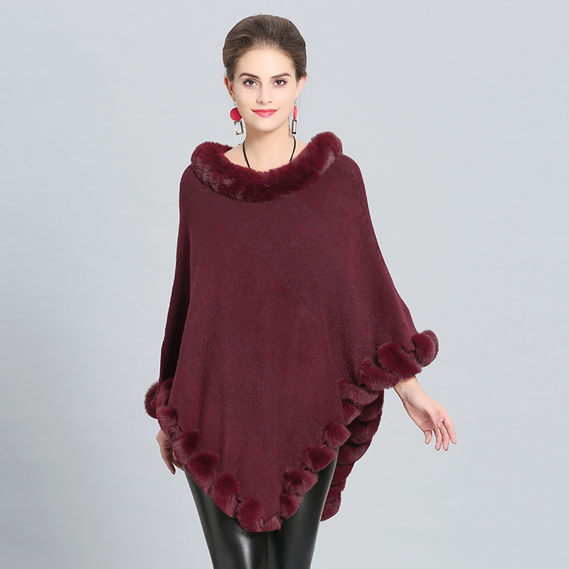 1396# European and American Autumn and Winter New Imitation Fox Fur Collar Imitation Cashmere Knitted Pullover Cloak Shawl Factory Wholesale