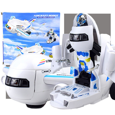 儿童益智电动变形飞机机器人万向玩具带灯光音乐男孩地摊夜市热卖