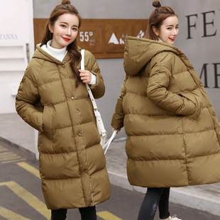 韩版女装棉衣棉服 2018冬装新款中长款拉链连帽纯色女款棉袄外套