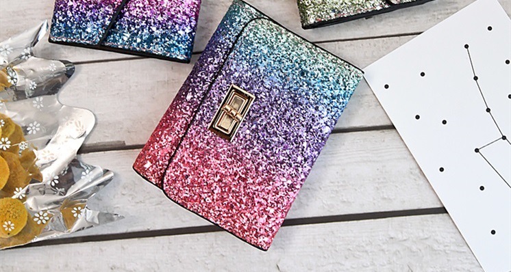 批发2018亮片钱包女短款 炫彩卡包手拿包零 二折多卡位女士零钱夹
