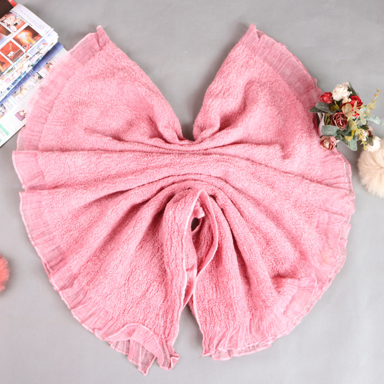 2020年春秋新款花边邹巾纯色荷叶边丝巾长款围巾空调披肩厂家直销