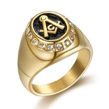跨境欧美不锈钢男士饰品 复古金色镶钻AG共济会钛钢戒指 男士指环