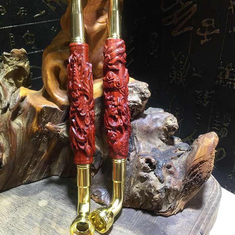 木质直杆老式雕刻烟杆