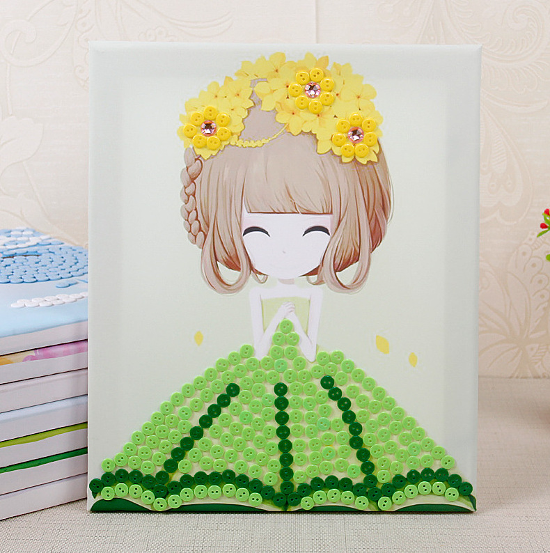 深圳厂家直销 卡通花姑娘纽扣画 diy儿童手工创意粘贴画沙画泥画